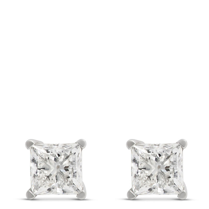 Princess Cut Solitaire Diamond Studs, 14K White Gold image number 0