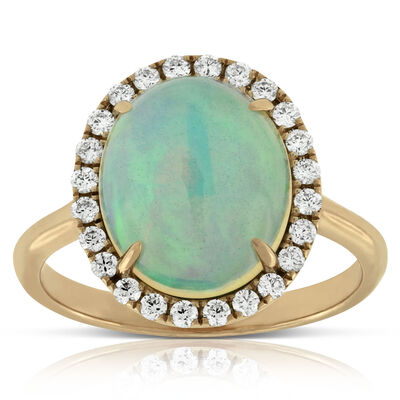 Oval Opal and Round Diamond Halo Ring, 14K Yellow Gold