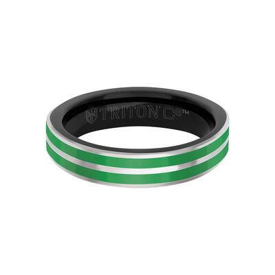 TRITON Green Ceramic Inlay with Silver Center Line and Broken Edge Band in Black Tungsten Carbide, 5MM