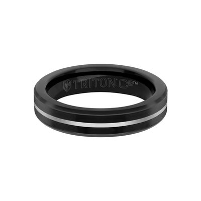 TRITON Black Ceramic Inlay with Silver Center Line and Broken Edge Band in Black Tungsten Carbide, 5MM