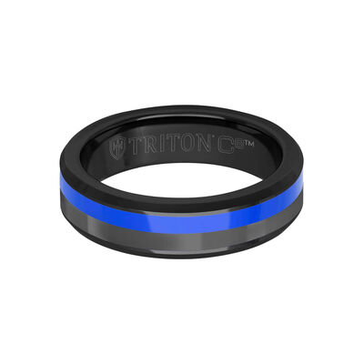 TRITON Blue Ceramic Channel and Bevel Edge Band in Grey Tungsten Carbide, 6MM