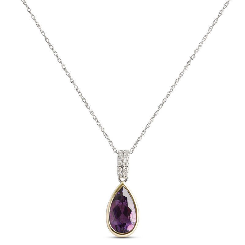 Bezel Set Pear Shaped Amethyst Pendant, 14K White and Yellow Gold image number 0