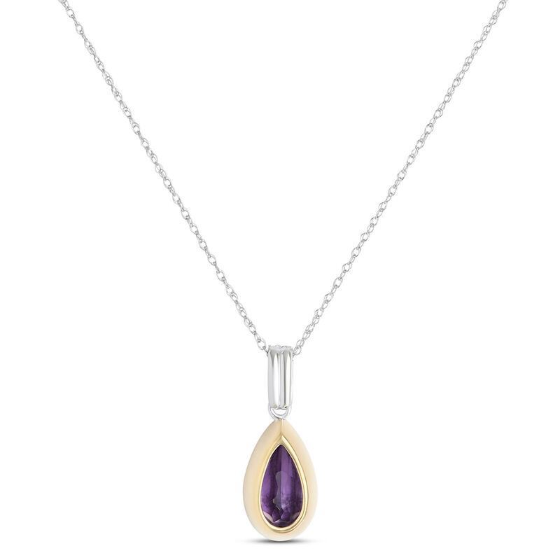 Bezel Set Pear Shaped Amethyst Pendant, 14K White and Yellow Gold image number 1
